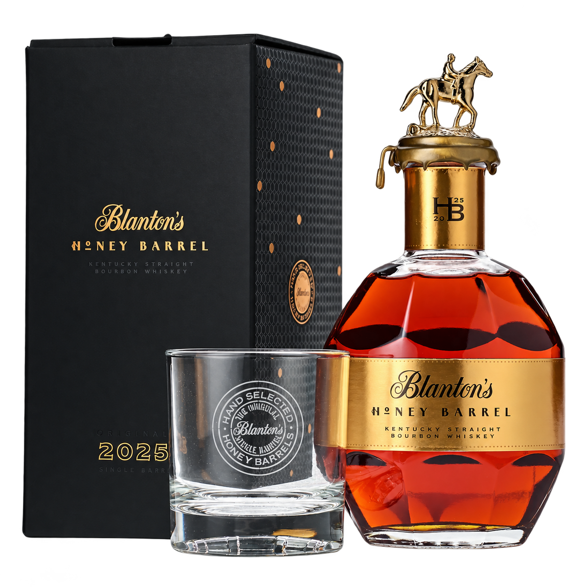 2025 Blanton’s Honey Barrel bottle with presentation box and etched glass
